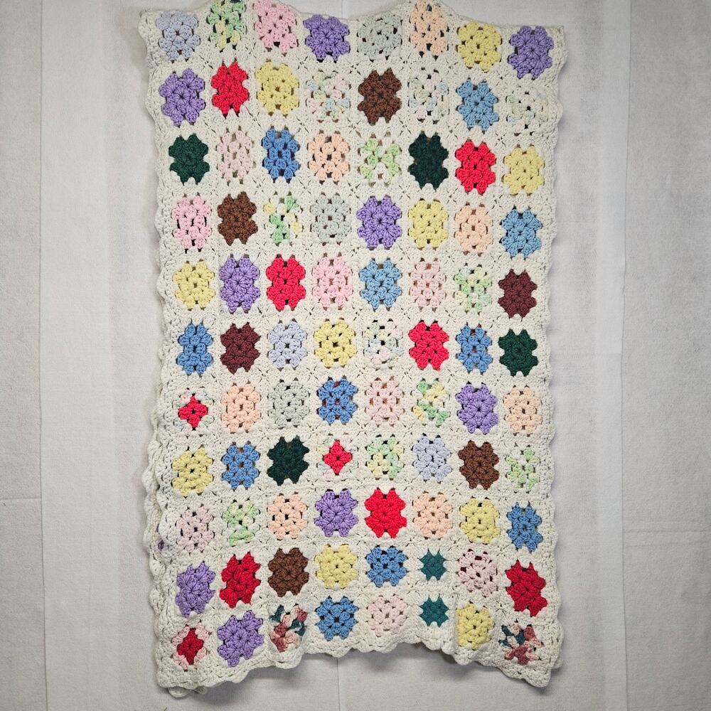 Vintage Handmade Crochet Granny Square Blanket Multi Color White Border 24x76